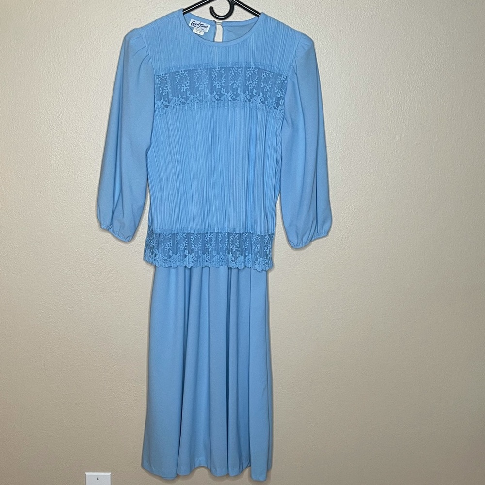 Vintage Blue Lace Pleated Overlay Dress